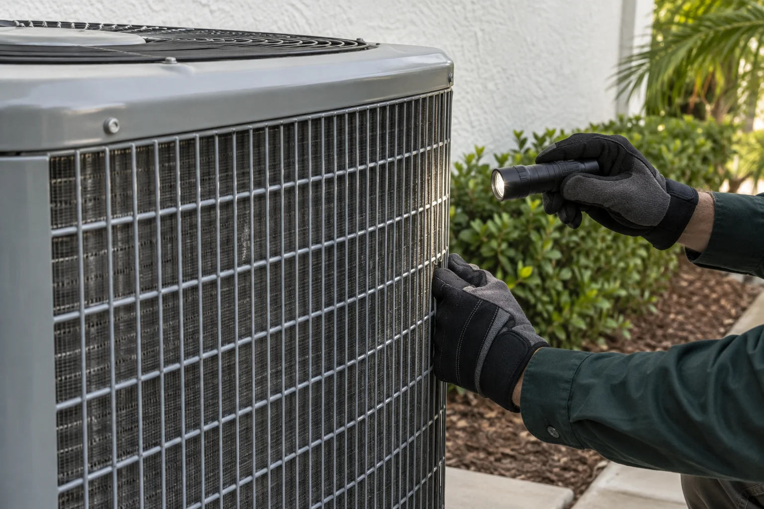 Illustrative close-up of a gloved technician inspecting outdoor cooling equipment