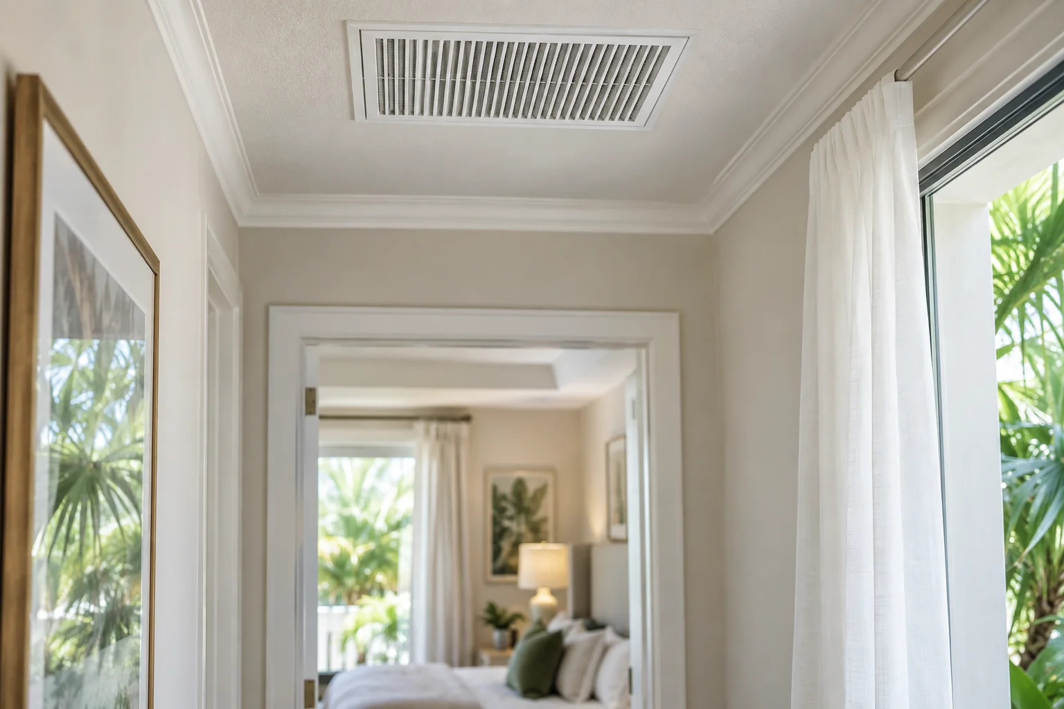 Ceiling supply vent in a light-filled hallway