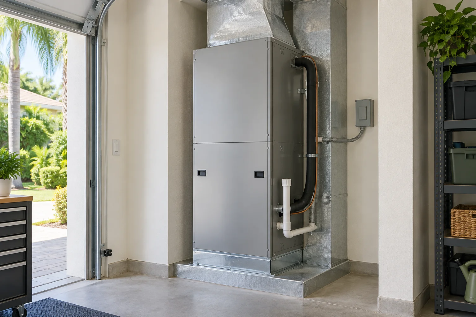 AI-created illustration of a residential air handler in a garage
