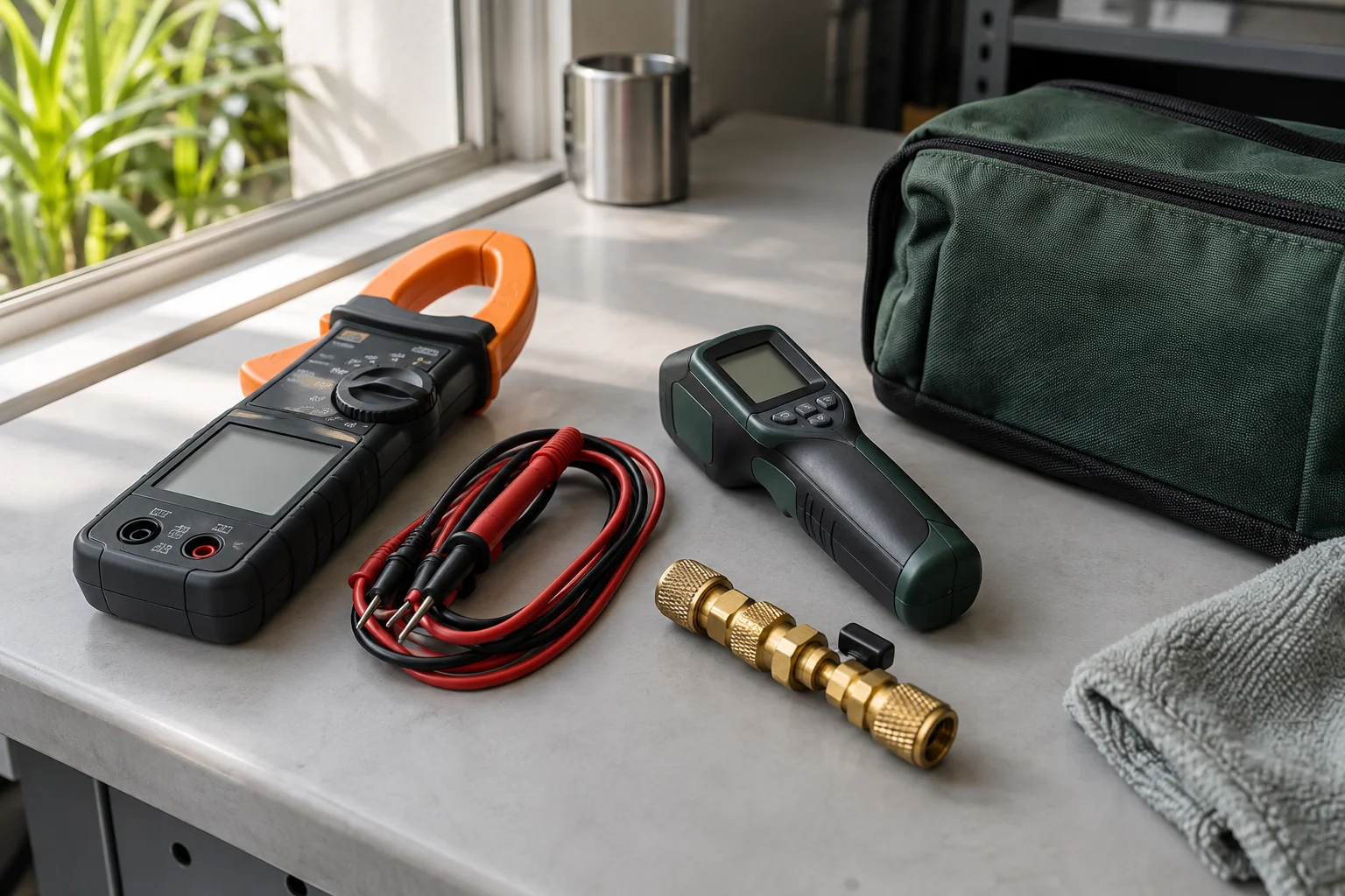 Diagnostic instruments and test leads arranged on a workbench