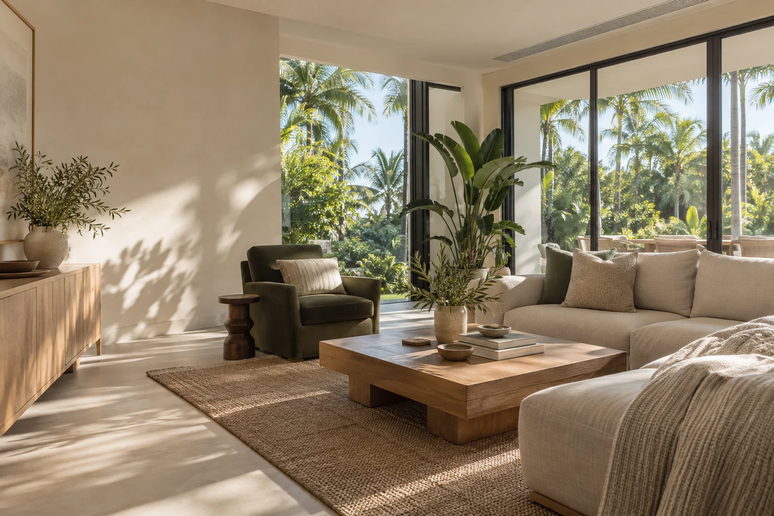 Warm Florida living room with natural light and palms outside