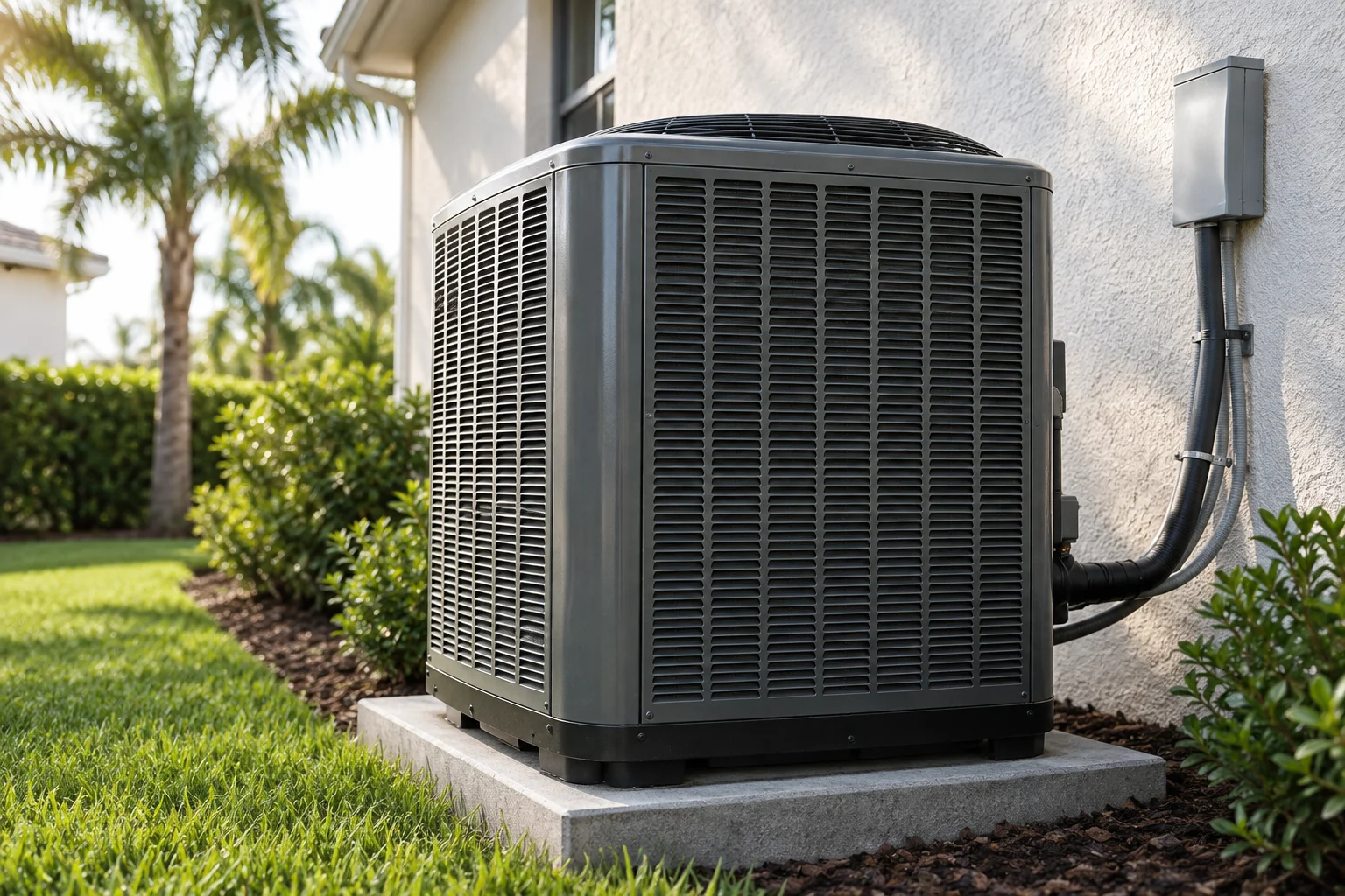 Outdoor cooling equipment beside a landscaped Florida home