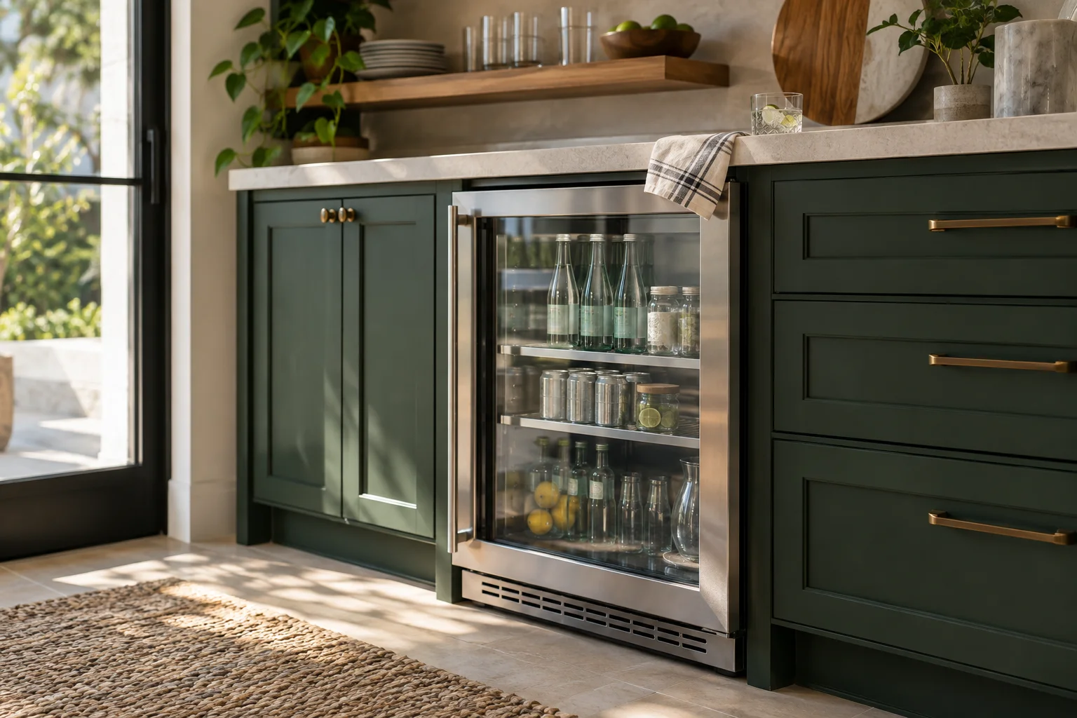 Beverage cooling built into a forest-green kitchen