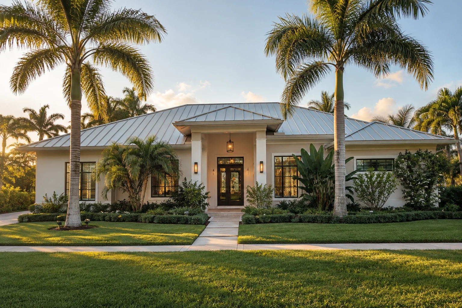 A sunlit Florida home framed by palms