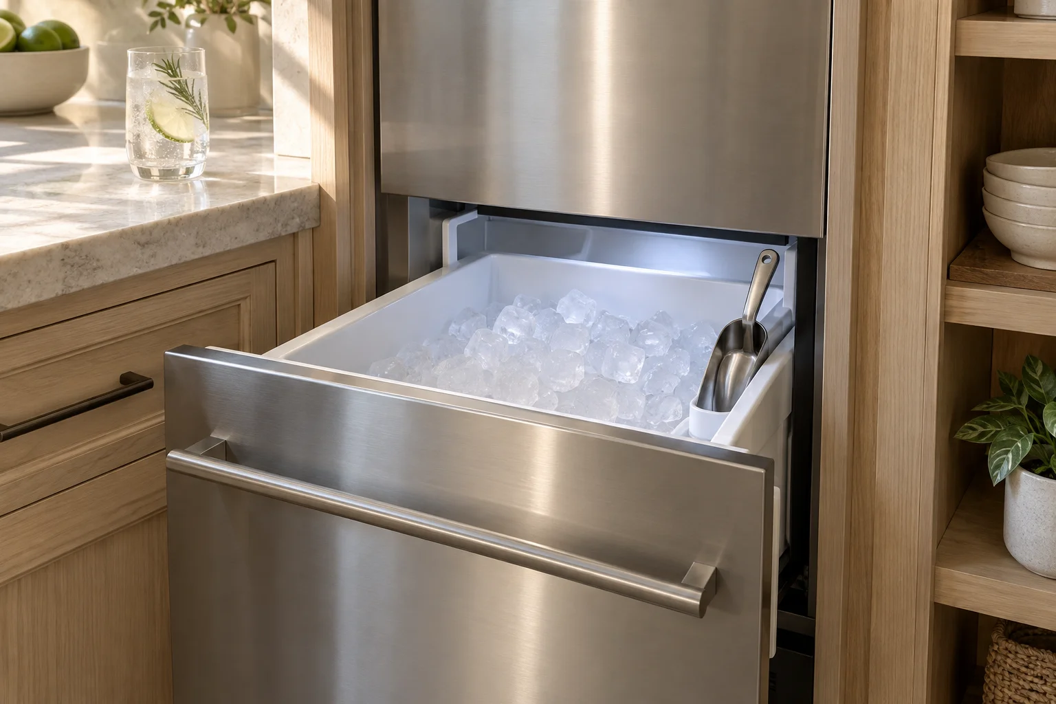 Undercounter ice machine with an open bin of clear ice