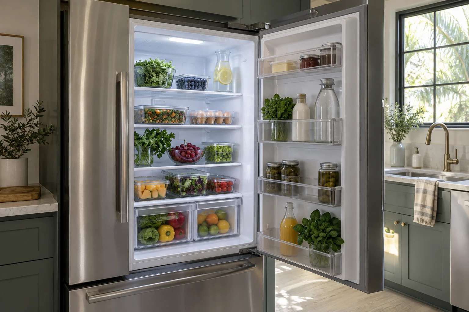 Organized residential refrigerator in a contemporary kitchen
