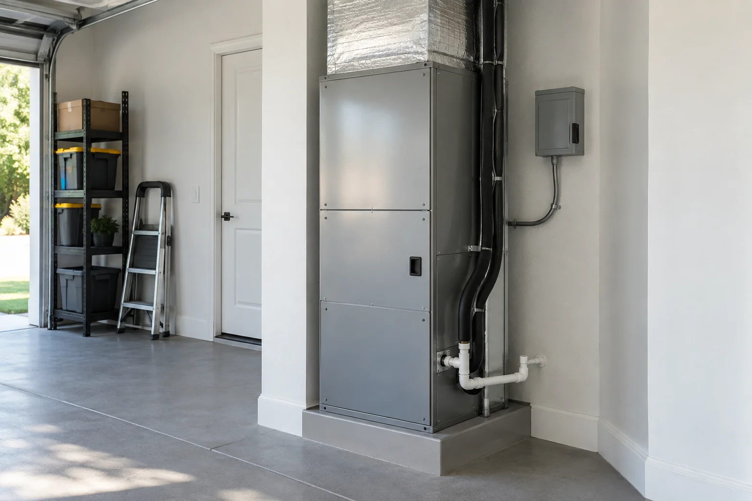 Illustrative indoor air handler in a clean garage