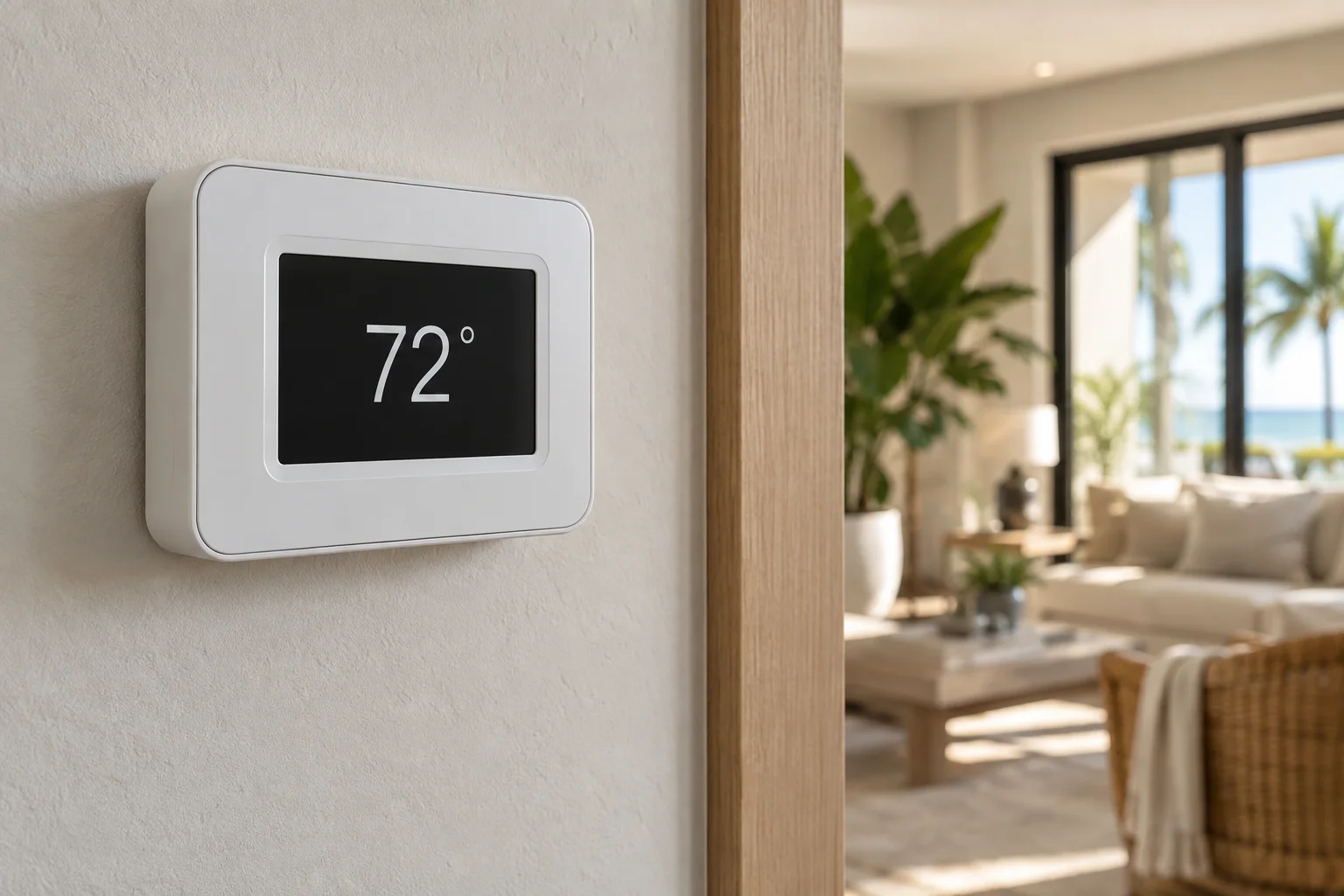 A simple wall-mounted thermostat in a warm coastal interior